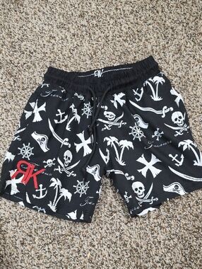 Black & White Pirate Print Kids Swim Trunks